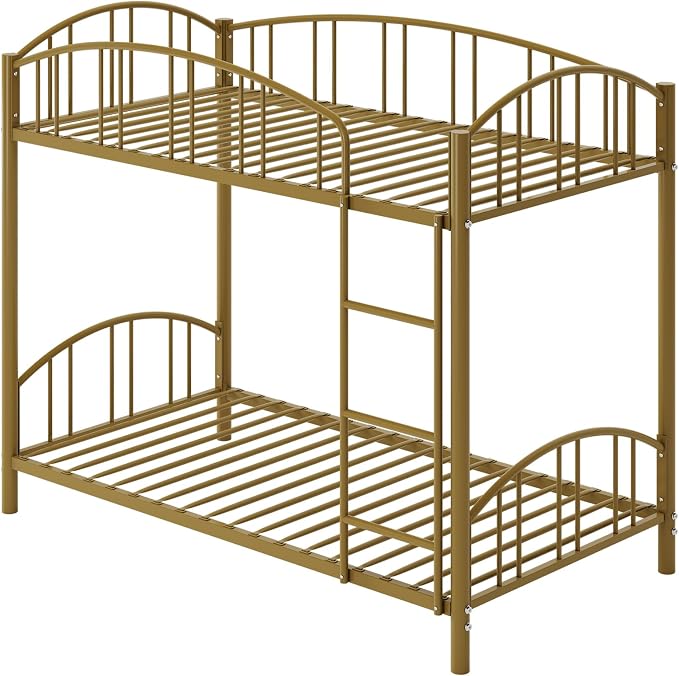 IDEALHOUSE Twin Over Twin Bunk Bed Frame, Twin Bunk Bed Frame with Heightened Arched Guardrail and Safety Ladder, Sturdy Steel Bed for School, Bedroom, Easy Assembly, Modern Gold