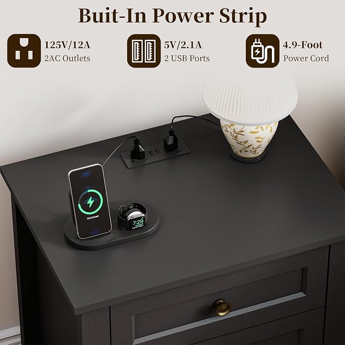 Farmhouse Dresser Nightstand Sets, 3-Piece Bedroom Furniture Set for Home | 5 Drawer Dresser Closet & 3 Drawer Nightstand Set of 2, Chest of Drawers for Bedroom, Living Room, Entryway, Black