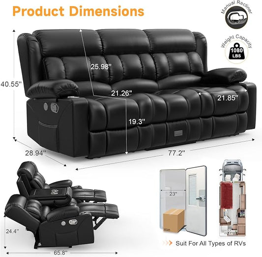 Loveseat Recliner Sofa with Flip Backrest Design, 3 Seat RV Recliner Sofa with USB Ports & Pockets, Wall Hugger Reclining Loveseat with Cup Holders & Drawer, RV Couch for Home Theater Seating