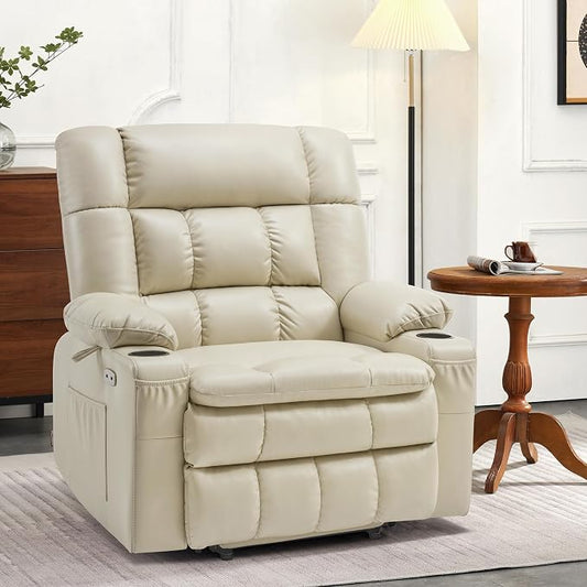 MCombo Extra Wide Dual Motor Power Lift Recliner Chair for Elderly, Zero Gravity Lift Chair with Heat and Massage, Infinite Position Recliners, USB Ports, Faux Leather R7897 (Cream White, Medium-Wide)