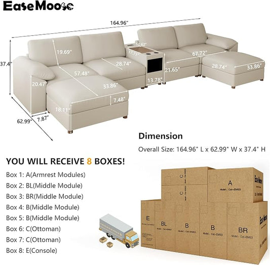 EASE MOOSE Leather Sectional Couch with Console, Oversized Modular Sectional Sofas, Wide Deep Seat Modular Couch, Scratch Resistant Faux Leather Material, U Shaped Sofa for Big Spaces,Beige