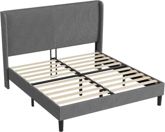 AMERLIFE Full Bed Frame, Upholstered Platform Bed with Corduroy Headboard, Easy Assembly Modern Grey Bed Frame with Wooden Slats Support, No Box Spring Needed