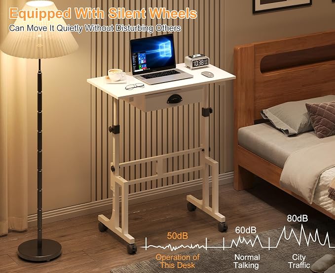 Cidaziya Adjustable Height Standing Desk for Walking Pad Treadmill, Portable Rolling Desk for Laptop with Drawer, Small Moblie Sit to Stand Desk On Wheels with Stiffener for Home Office Dorm Bedroom