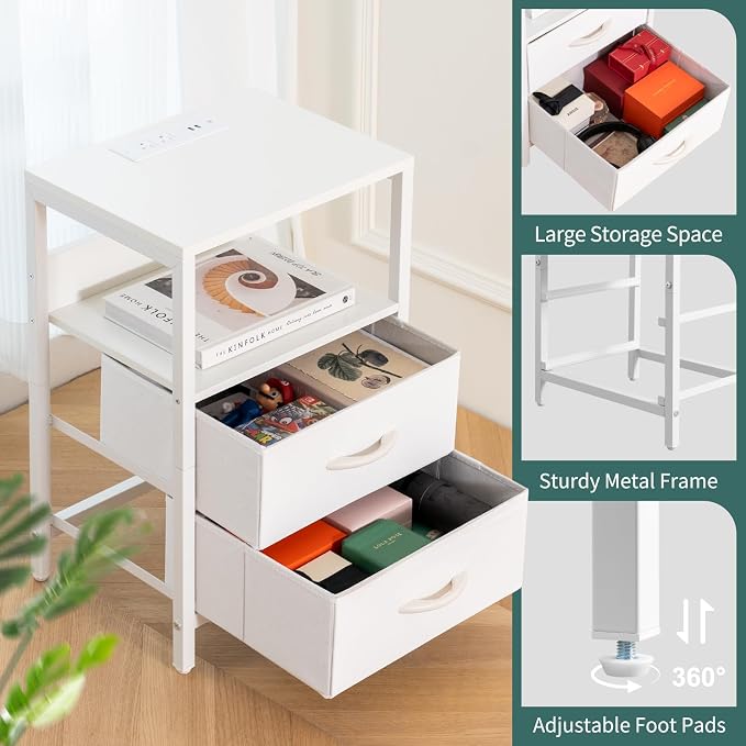 Yoobure Nightstand with Charging Station, Small Night Stand with Fabric Drawers and Storage Shelf for Bedrooms, Nightstands for Small Spaces, Bedside Table with USB Ports & Outlets, Bed Side Table