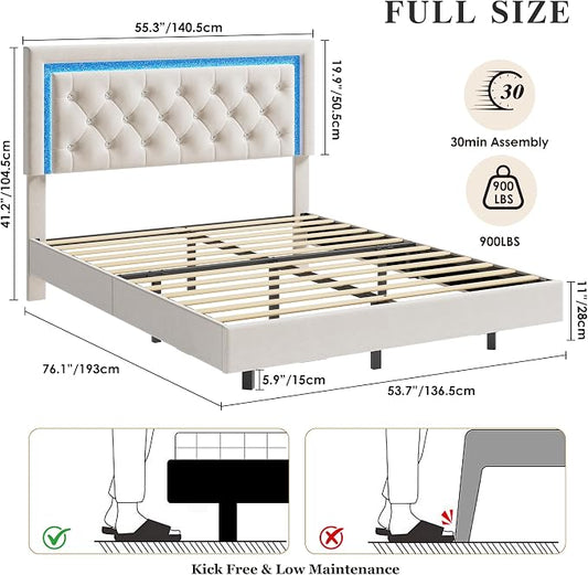 Garvee Floating Bed Frame Full Size with Smart Led Lights, Upholstered Platform Bed with Diamond Headboard, Solid Wood Slats Support, No Box Spring Needed, Noise-Free, Easy Assembly, White