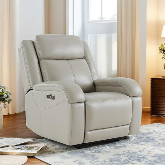 Watson & Whitely Oversized Genuine Leather Power Recliner Chairs for Big and Tall, Wall Hugger Recliner with Power Headrest & Charging Ports, Extra Large Reclining Chair for Living Room, Grey