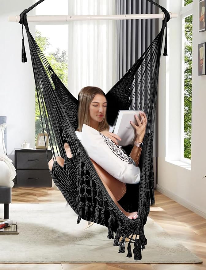 Chihee Hammock Chair Handmade Hanging Chair Cotton Rope Woven Hanging Seat Soft-Spun Large Stretch Hammock Swing, Collapsible Strong Metal Spreader Bar Elegant Macrame Comfort Indoor Outdoor Garden