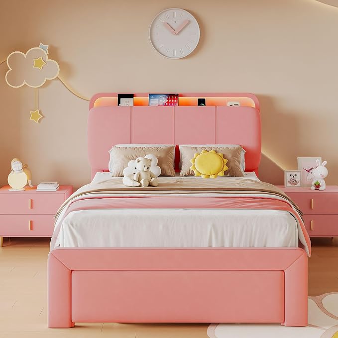 Feonase Twin Upholstered Bed Frame with Storage Drawers and Headboard, Built-in Charging Station, Velvet Platform LED Bed with Solid Wood Slat Support, No Box Spring Needed, for Girls and Kids, Pink