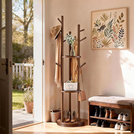 Solid Wood Rotary Coat Rack, Coat Rack Freestanding with 3 Storage Shelves & 9 hooks, Coat Tree for Entryway, Livingroom, Bedroom, Coat Hanger Stand for Coats, Scarves, Handbags, Hat (Walnut)