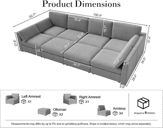 Oversized Modular Sectional Sleeper Sofa Bed Cloud Couches Gray | Deep Seat Couch for Living Room, 8 Seater Luxury Comfortable Sofa with Ottoman, Solid Wood Frame, Removable Washable Cover