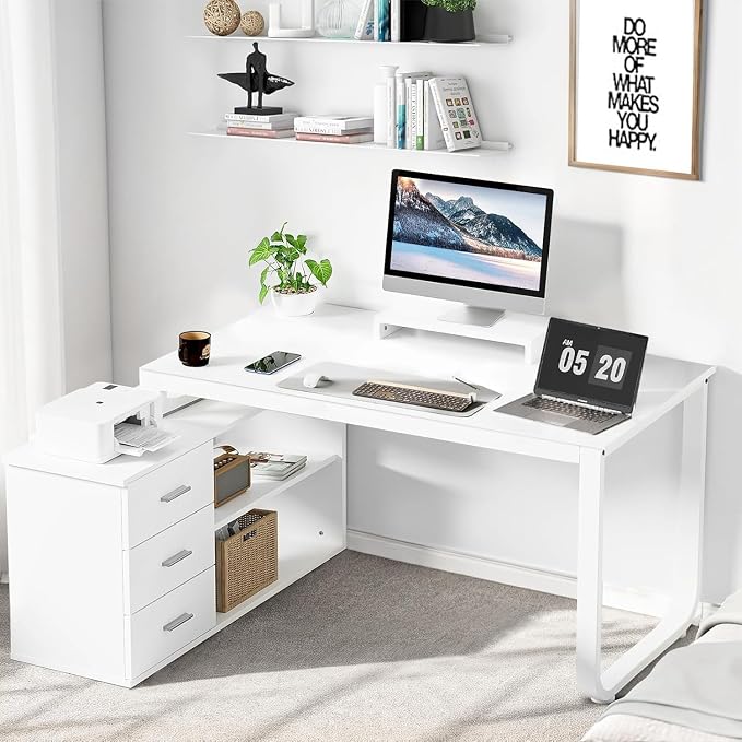 MaverickFurni 55" White Desk with Drawers and Shelves, Reversible L Shaped Desk with Monitor Stand, Home Office Desk with Storage for Work Writing Study, White
