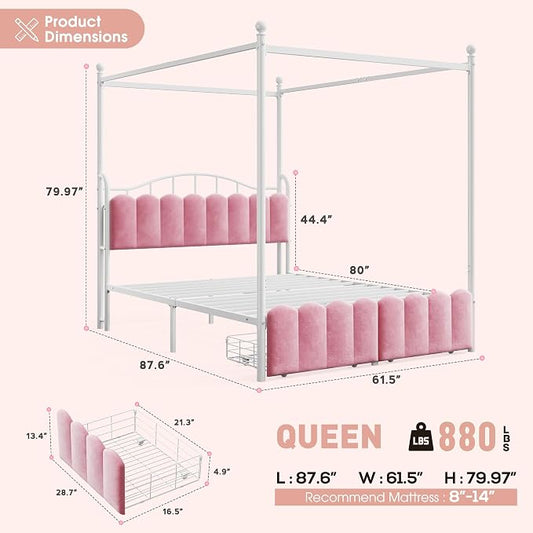 Homkdom Canopy Bed Frame Queen Size with Upholstered Storage Headboard and Charging Station & LED Lights, 2 Oversized Drawers,Heavy-Duty Support, No Box Spring,Quiet Sleep,Easy Assembly, Pink