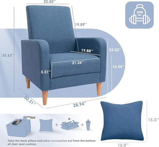 COLAMY Mid-Century Modern Upholstered Accent Chair with Back Pillow & Solid Wood Legs, Fabric Cozy Armchair for Living Room, Bedroom, Reading Nook, Apartment & Small Spaces, Blue