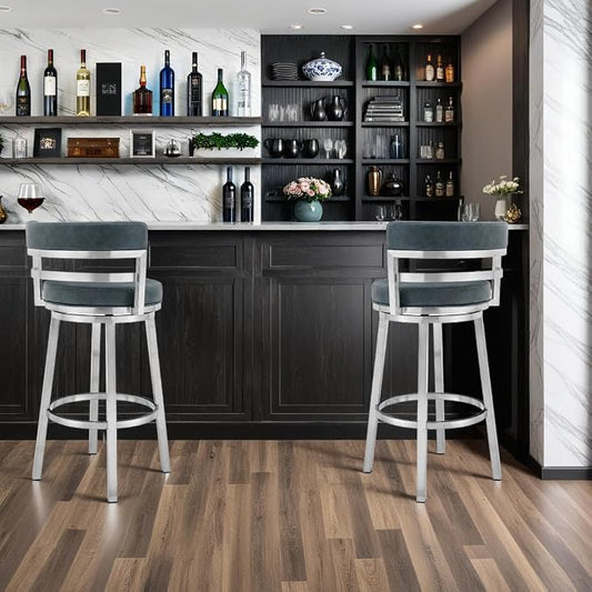 Armen Living Madrid 30" Seat Height Swivel Modern Blue Faux Leather and Brushed Stainless Steel Bar Stool for Kitchen Island Counter