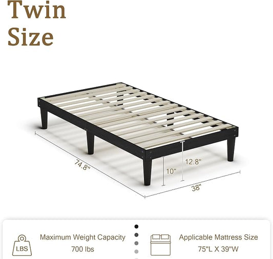 Yumori 12.9 Inch Minimalist Style Twin Size Bed Frame, Wood Platform Bed with Wood Slat Support, No Box Spring Needed, Easy Assembly, Black