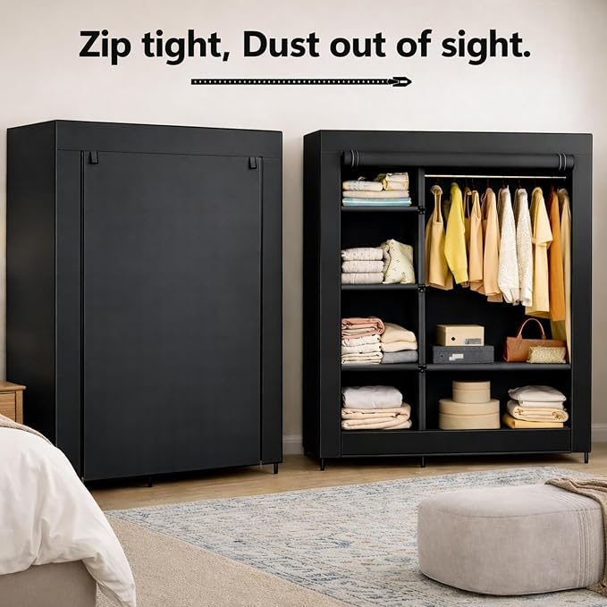 Simple Deluxe Wardrobe with lid, Clothes Rack for Hanging Clothes, 40.7"W x 17.5"D x 64.2"H Garment Rack,Max Load 143LBS,Black Rack with Black Cover