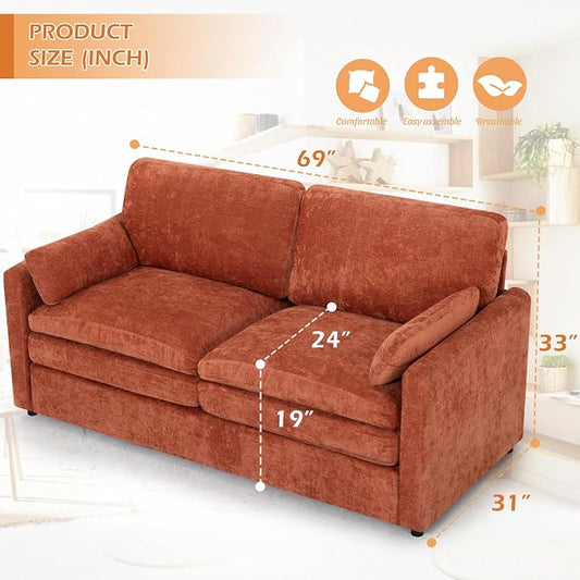3 Pieces Chenille Sofa Set w/Arm Pillows, Upholstered Loveseat & 2 Pieces 3 Seater Sofa w/Comfortable Back Cushions, Modern 2-Seat & 3-Seat w/High-Density Foam for Living Room, Orange