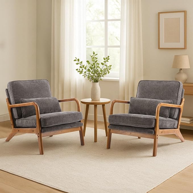 Karl home Mid Century Modern Accent Chair with Lumbar Pillow & Oak Arms – Plush Chenille Living Room Chair for Bedroom, Lounge (Gray)