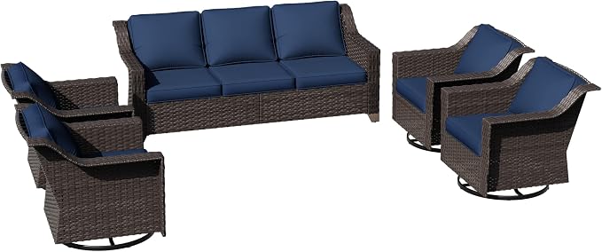 5 Pieces Patio Conversation Furniture Set - 1 Sofa, 4 Swivel Chairs, Outdoor Wicker Furniture with Removable Cushions for Porch, Balcony, Sunroom (Blue)