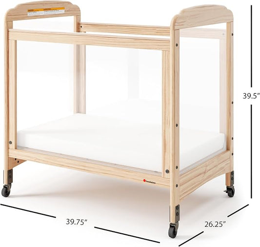 Foundations Serenity Compact 4 Side Clearview Daycare Crib Natural, Fixed Side, Durable Wood Construction, Non-Marking Casters (2 Locking), Includes 3” InfaPure Foam Mattress