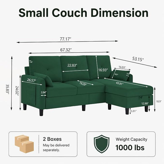 77" Convertible Sectional Sofa, Small L Shaped Couch with Storage Chaise, 3 Seats Modern Polyester Fabric Couches for Living Room, Apartment and Small Space, Green