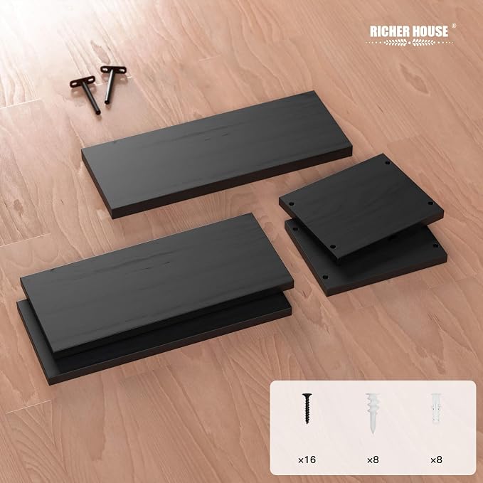 RICHER HOUSE Floating Shelves Bathroom, Black Floating Shelves for Wall, Above Toilet Bathroom Shelves, Wall Mounted Hanging Shelves for Bedroom, Kitchen, Living Room Decor - Black