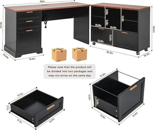 60" Professional Office Desk with 40" Mobile File Cabinet,Business Desk with Charging Station,L Shaped Executive Desk Set for Office Work,Home Study