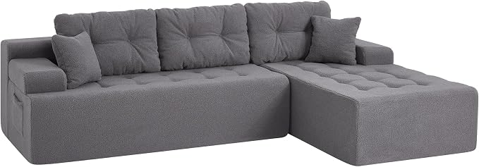 Hobestluk Modular Sectional Sofa Couches L-Shape Couch 3 Seat Modular Sofa Memory Foam Sectional Couches for Living Room, Cloud Couch with Oversized Chaise (Grey Tufted, 96", Right Hand Facing)