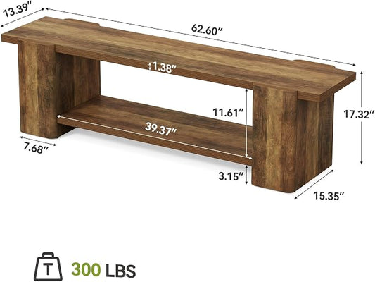 LITTLE TREE Entryway Bench, 63" Long Bench with Storage Shelf, Farmhouse End of Bed Bench, Bench for Bedroom, Dining Room, Living Room, Entryway, Hallway, Reinforced Legs, Brown