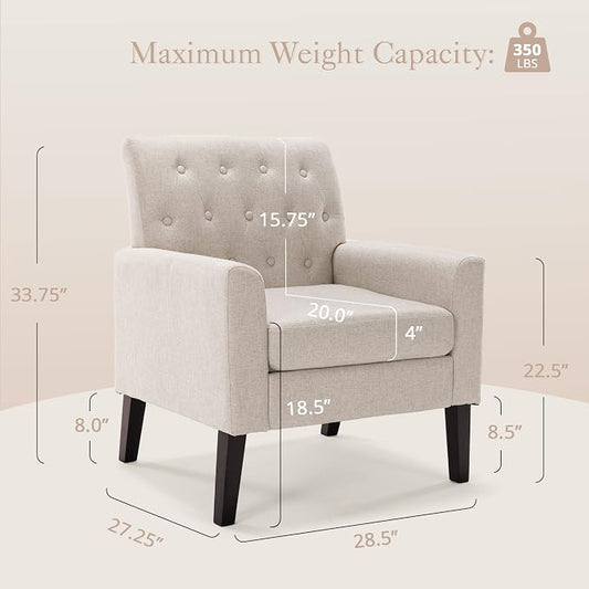 LUE BONA Linen Color Linen Accent Chair 18.5" H, Button Tufted Upholstered Modern Armchair, Comfy Living Room Chair with Arms, Arm Chairs for Living Room, Bedroom, Small Space