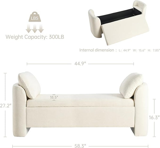 Usaint 58.3" Storage Ottoman Bench with Pillows, Upholstered End of Bed Bench with Arms, Footrest Stool Bench for Bedroom, Living, Window, Entryway and Hallway, Beige