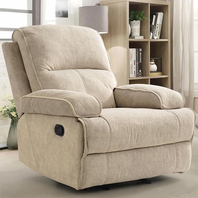 Manual Rocker Recliner Chair for Adults, High Back Glider with Deep Seat, Upholstered Fabric Armchair for Living Room & Nursery (Flaxen Flannel)