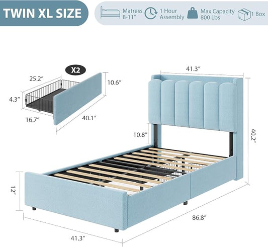 Garvee LED Twin XL Bed Frame with Storage Headboard, Kids Bed Frame with 2 Drawers, Boucle Upholstered Platform Bed for Girls, Chic Wavy Headboard with Bookcase, No Box Spring Needed, Blue