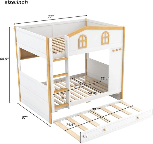 Bellemave Bunk beds Full Over Full with Twin Size Trundle, Low bunk Bed for Kids Adults and Teenagers,White