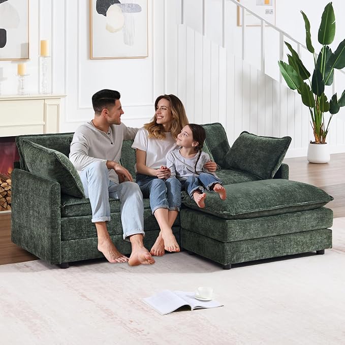 Modular Sectional Sofa with Ottoman, 76.7" Modern L Shaped Sectionals Cloud Couch, Comfy Couch Loveseat, 3 Seat Chenille Deep Seat Sofa with Pillow for Living Room,Bedroom Apartment,Small Spaces-Green