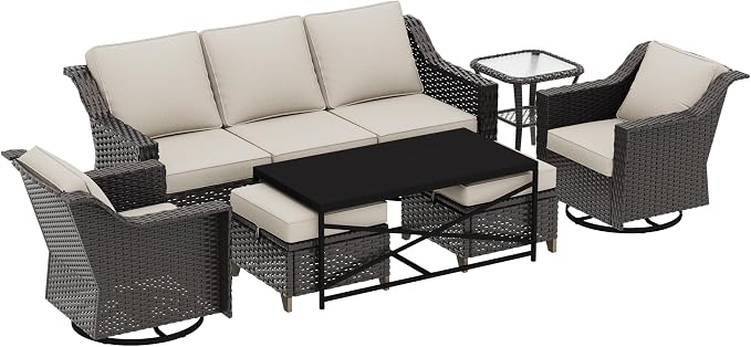 7 Pieces Outdoor Conversation Furniture Set - 77" Patio Sofa, 2 Swivel Rocker Chairs, 2 Ottomans, 1 Side Table, 1 Metal Table, Wicker Couch with Washable Cushions for Balcony (Beige)