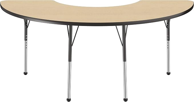 FDP Half Moon Activity School and Office Table (36 x 72 inch), Standard Legs with Ball Glides for Collaborative Seating Environments, Adjustable Height 19-30 inches - Maple Top and Black Edge