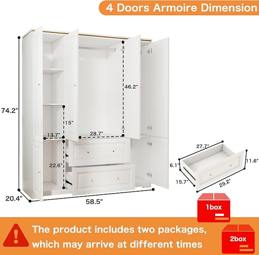 Armoire Wardrobe Closet with Drawers: Large White Wardrobe Closet with 4 Doors and 2 Drawers, Wooden Bedroom Armoires Storage Cabinet with Hanging Rod and Shelves (59")