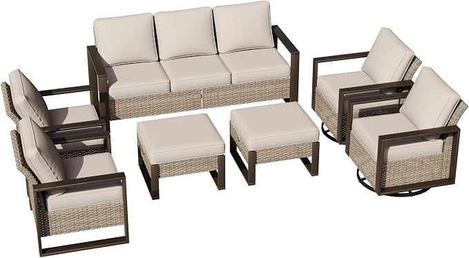 Joyside Outdoor Patio Chairs, 8 Pieces Wicker Rattan Furniture Set, 4 Patio Chairs, 1 Sofa, 2 Ottoman and 1 Table, Metal Wide Armrest, Thick Cushions and Deep Seating for Garden, Backyard, Porch