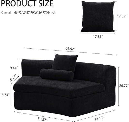 AVZEAR Curved Modular Sectional Sofa, Chenille Upholstered Cloud 3 Seater Couch for Living Room, No Assembly Modern Love Seat Sofa with 3 Bolster Pillows & 3 Square Pillows, High-Density Foam, Black