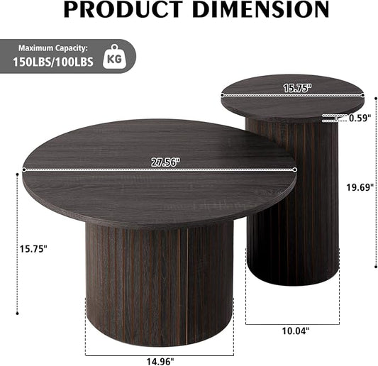 Round Nesting Coffee Table Set of 2, Fluted for Small Spaces | Modern style, suitable for living rooms, roller design, wooden