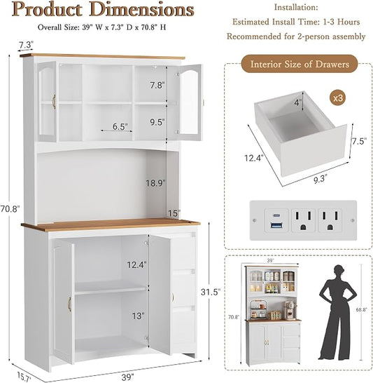 Garvee 71" Kitchen Pantry Cabinet with LED Lights & Charging Station, Farmhouse Kitchen Hutch Storage Cabinet with Countertop, 3 Drawers, 4 Doors, Adjustable Shelves for Dining Room, White