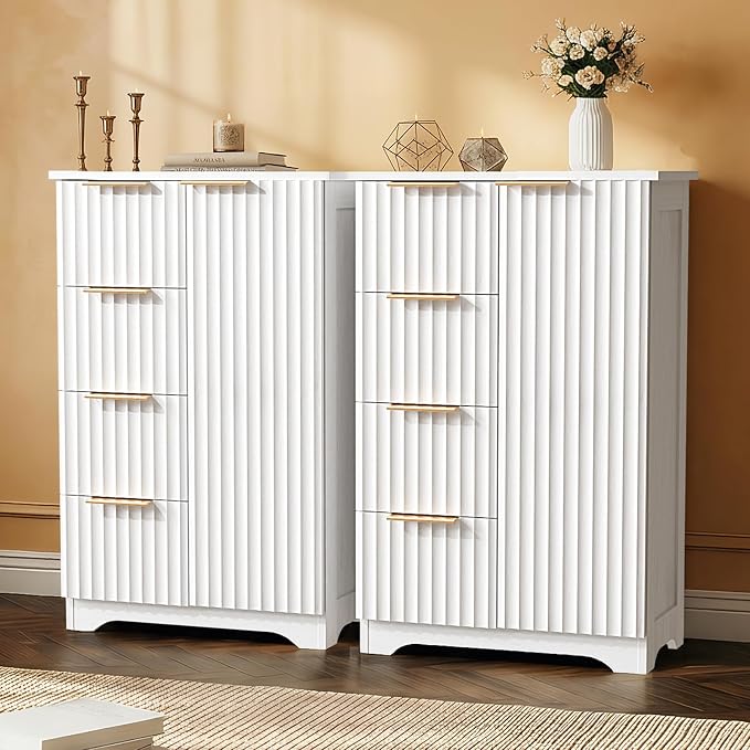 VINGLI Fluted Sideboard Buffet Cabinet, Modern White Wood Storage Console with Doors and Drawers, Multi-Function Storage Cabinet for Living Room, Dining Room, Kitchen, White