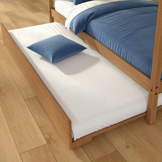 Grain & Grove Bear Twin Over Twin Bunk Bed with Trundle Bed, Sturdy Bunk Bed Frame for Kids, Plywood Bunk with Ladder, Guardrail, and Slats, No Box Spring Required, Oak Embossed Pecan