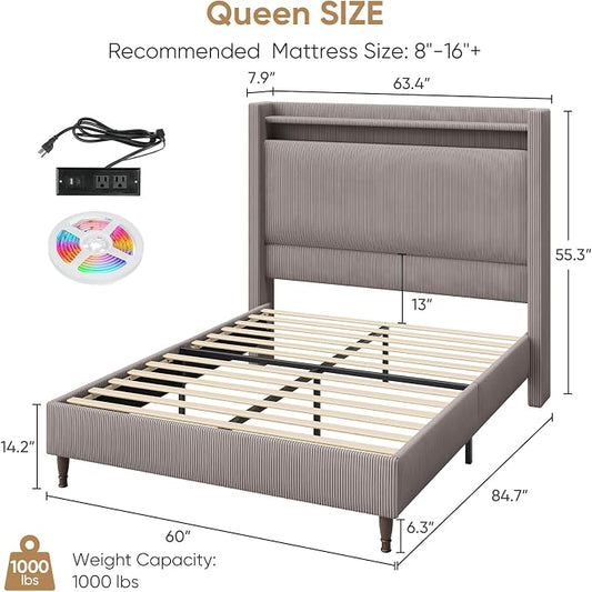 Queen Bed Frame with Tall Headboard, 55.3" Upholstered Platform Bed with LED Lights & Charging Station, Elegant Corduroy Bedframe, 2-tier Storage Wingback Headboard, No Box Spring Needed, Gray Brown