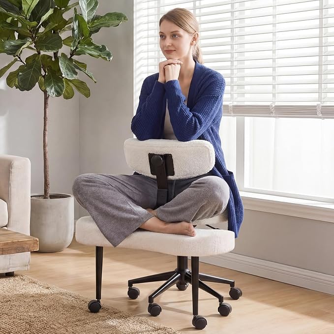 DUMOS Ergonomic ADHD Meditation Office Desk Chair with Adjustable Backrest, Cross Legged Chair Height Adjustable with 360° Swivel Footstool, Yoga Stool for Home Office, Teddy Fabric White