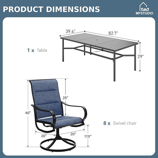 MFSTUDIO Patio Dining Set for 8, Outdoor Table and Chairs Set with Umbrella Hole, 9 Piece Patio Furniture Dining Set for Deck Yard Poolside | Rectangular metal table & textilene chairs, Umbrella hole, for deck garden backyard, All weather reistant