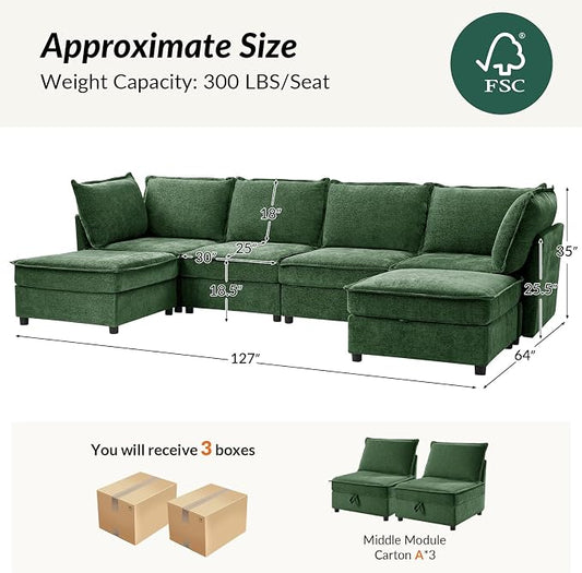 HULALA HOME 127'' Modular Sectional Sofa, Oversized U Shaped Couch with Storage Ottoman, Comfy Chenille Sofa with Deep Seat, 6 Seat Convertible Couches for Living Room, Green