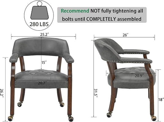 LEEMTORIG Dining Chairs with Casters and Arms, Upholstered Rolling Dining Chairs with Wheels for Elderly, Ergonomic Wide Seat Wooden Office Chair, 26"Dx25.2"W, Cherry Legs&Dark Grey Fabric SY-1533-GY