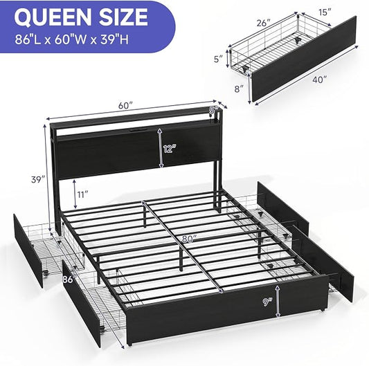 Zevemomo Queen Bed Frame with 4 Storage Drawers, Queen Size Bed Frame with Headboard, LED, Charging Station with USB Ports & AC Outlets, Sturdy Metal Slat Support, No Noise, Black